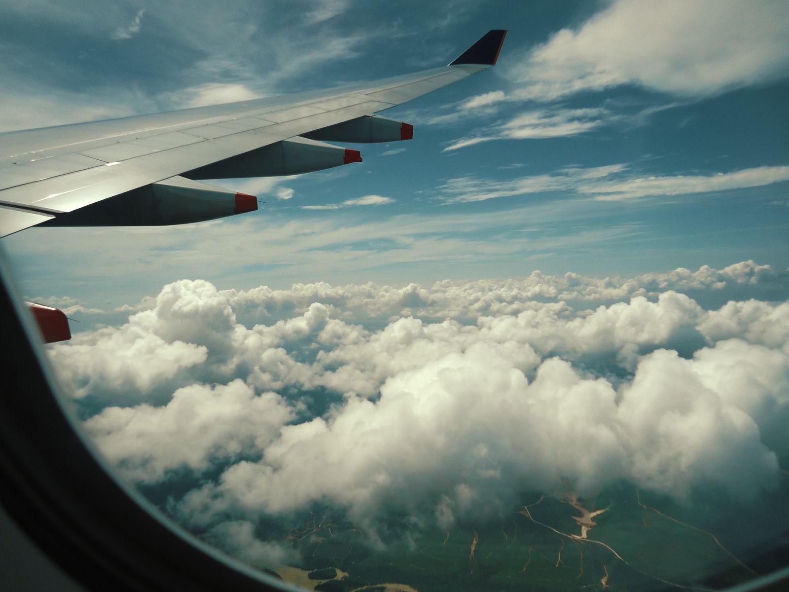 Airplane wing above a sea of white clouds seen through a cabin window, the payoff when you earn free travel with points and miles
